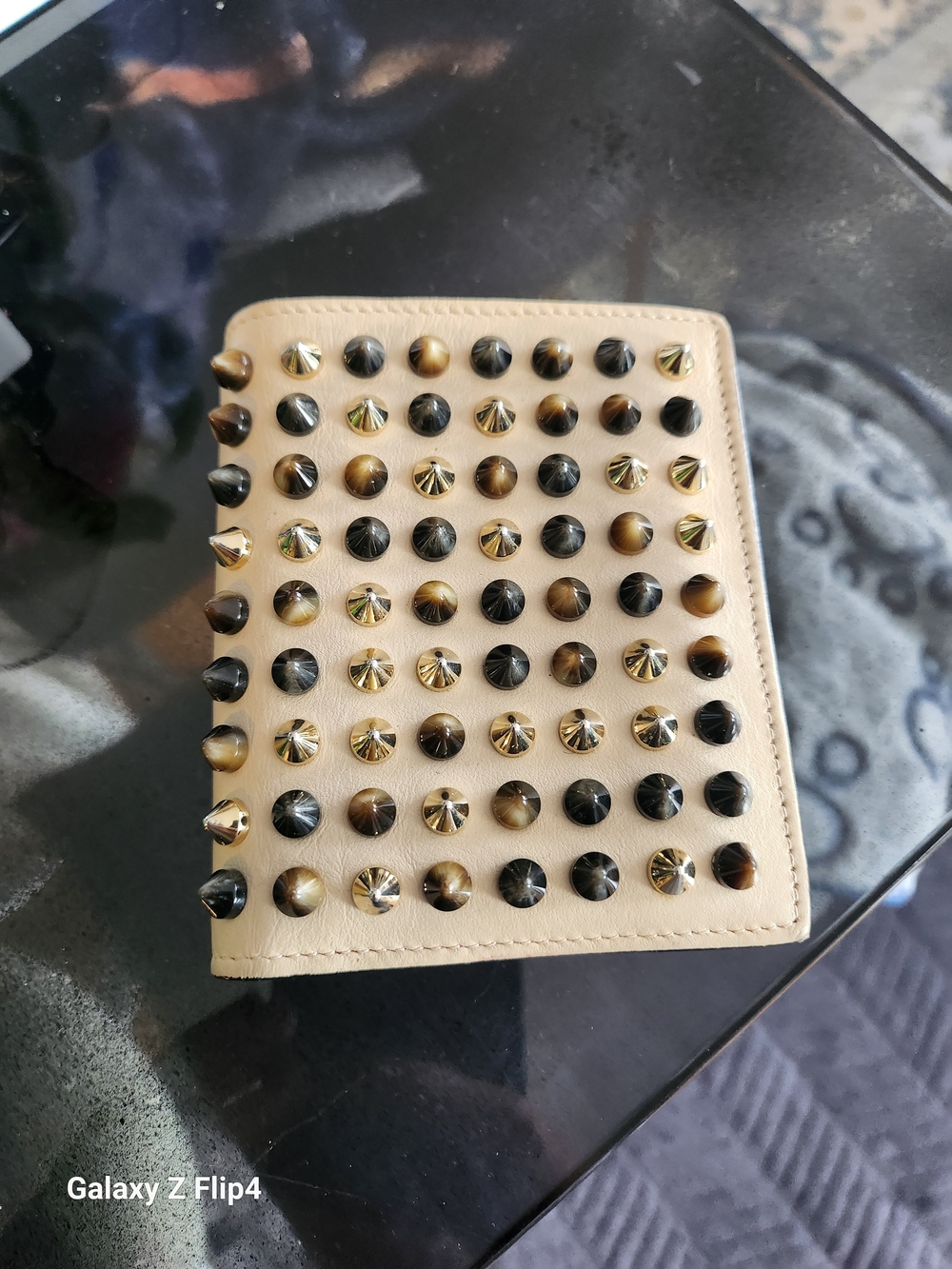 Louboutin Studded Beige Leather Card Holder Wallet